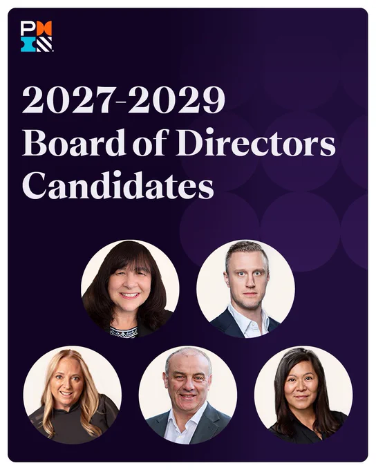 Graphic for the "2027-2029 Board of Directors Candidates" with the PMI logo at the top. There are five individual portraits arranged in a circular format below the text.