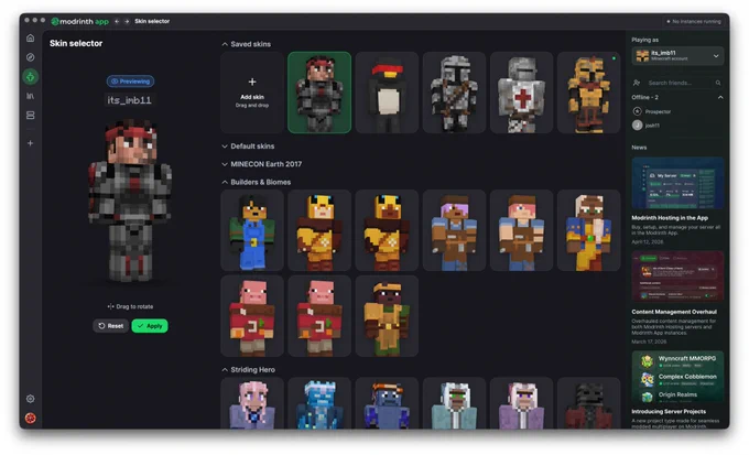 The overhauled Skin selector in Modrinth App, where you can now preview skins before applying, adjust capes more easily, and skin packs are more cleanly separated into different sections.