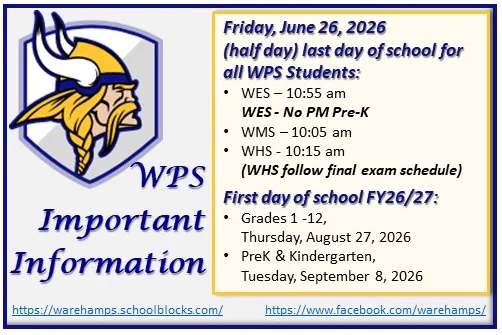 Friday, June 19, 2026 no school & Central Offices will be closed.
Last day of school for this school year is Friday, June 26, 2026. 
The first day of school for the 26/27 School Year will be Thursday, August 27, 2026 for Grades 1-12.  
For Pre-K & Kindergarten the first day will be Tuesday, September 8, 2026.
All important calendar dates can be found on our website: 
District website.
