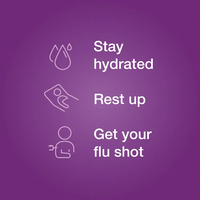 Graphic with three health tips on a purple background, including icons: a water drop for "Stay hydrated," a bed for "Rest up," and a syringe for "Get your flu shot."