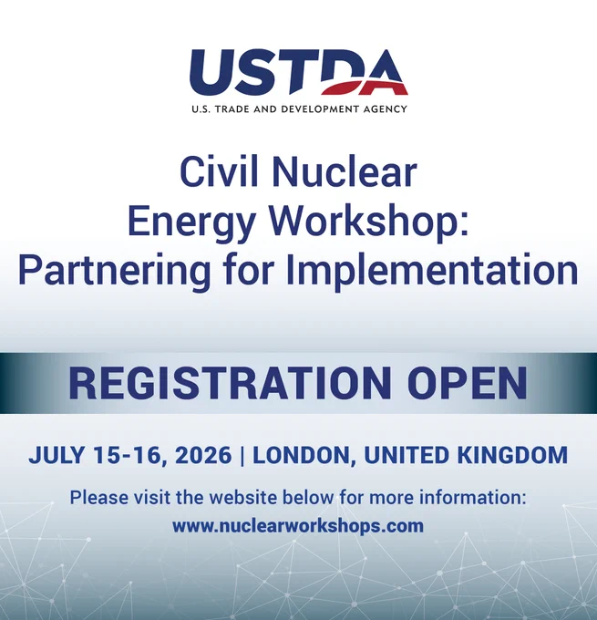 Flyer with details for USTDA's civil nuclear energy workshop and the words "REGISTRATION OPEN" in bold. 