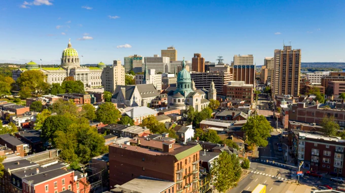 Afternoon light hits the buildings and downtown city center area in Pennsylvania's state capital, Harrisburg