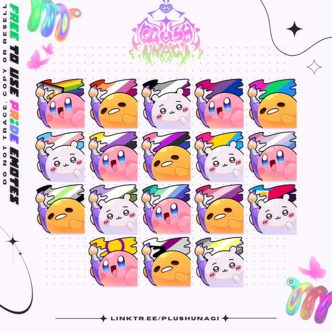 A showcase for a FREE ko-fi listing for 54 emotes, 18 pride flags painted behind three different characters! Gudetama, Kirby and Chiikawa. Each character comes with the 18 flags. Emotes can be used on Twitch, Discord, etc! Enjoy!