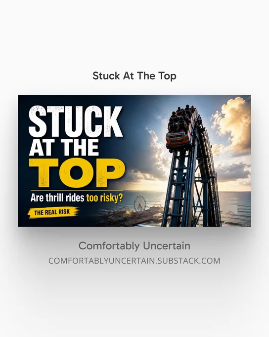 Dramatic thumbnail showing a roller coaster car stuck high on a steep track above a seaside amusement pier while firefighters and emergency responders use a ladder truck and rescue platform to reach the riders.