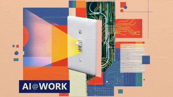 A stylized illustration shows a wall light switch being turned on, casting a beam of light into a layered collage of geometric shapes, documents, and circuit board patterns. The phrase “AI@WORK” appears at the bottom, symbolizing AI powering and connecting everyday work processes.