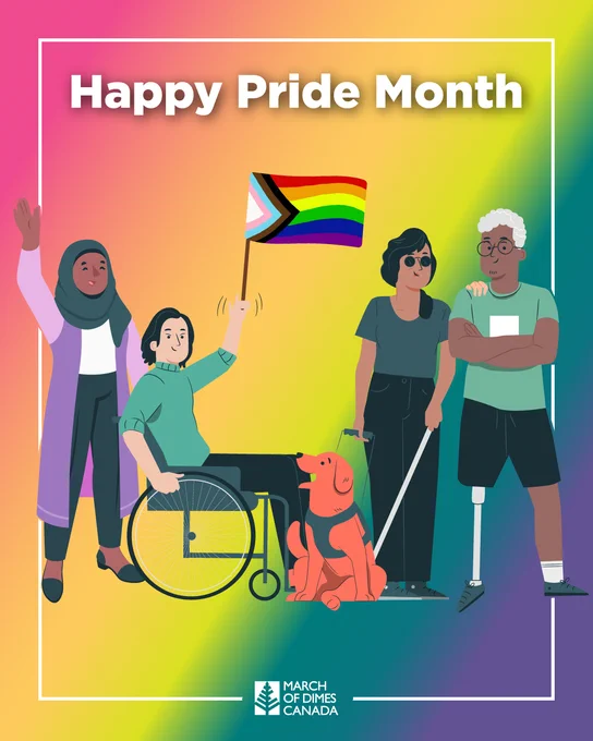 Happy Pride Month illustration featuring a diverse group of four individuals, including one using a wheelchair celebrating with a Pride flag, another with an artificial leg, and another with a guide dog and walking stick. 