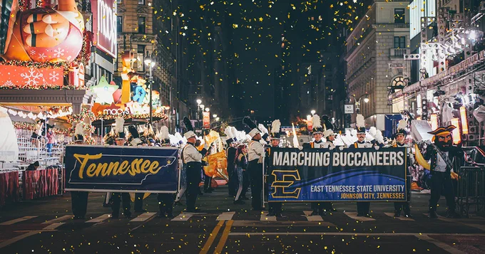The ETSU Marching Bucs performing at Herald Square in the 2024 Macy’s Thanksgiving Day Parade in New York City.