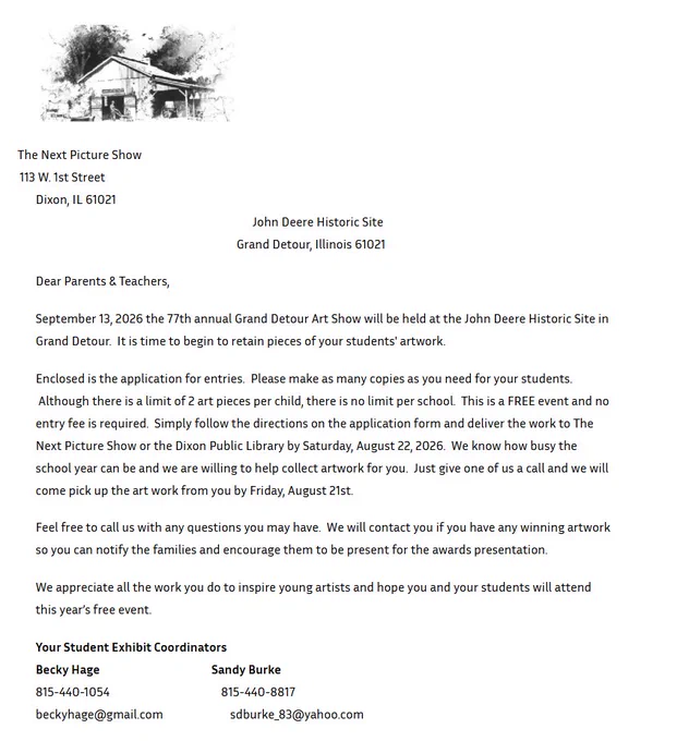 cover letter for grand detour art festival being held at john deere historic site with information on how to apply