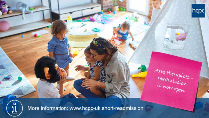 Children interact with an adult therapist in a colorful room scattered with toys, with a notice about readmission for arts therapists being open now. 