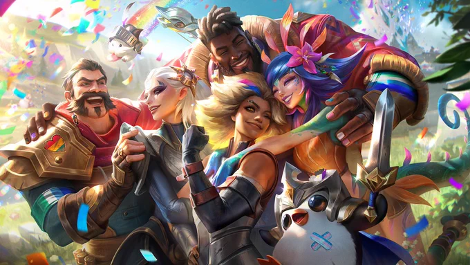 “Happy Pride!” graphic featuring League of Legends Champions Graves, Diana, Rell, K’Sante, and Neeko grouped together in a celebratory hug surrounded by rainbow confetti. A smiling Pengu wearing silver armor appears in the foreground, while a small Poro floats overhead. Large pink and purple gradient text reads “HAPPY PRIDE!” above the Champions.