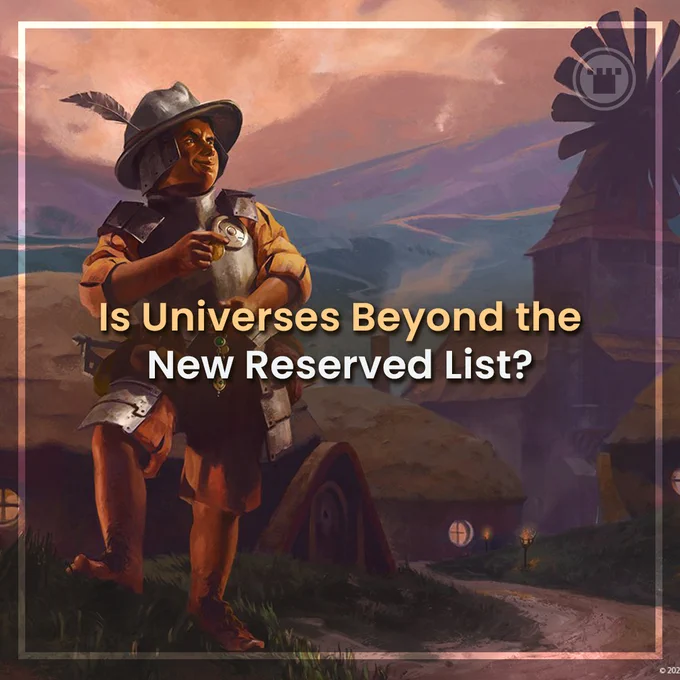 A fantasy-themed artwork featuring an adventurer character pondering a question about Universes Beyond. The setting has a whimsical, storybook vibe.