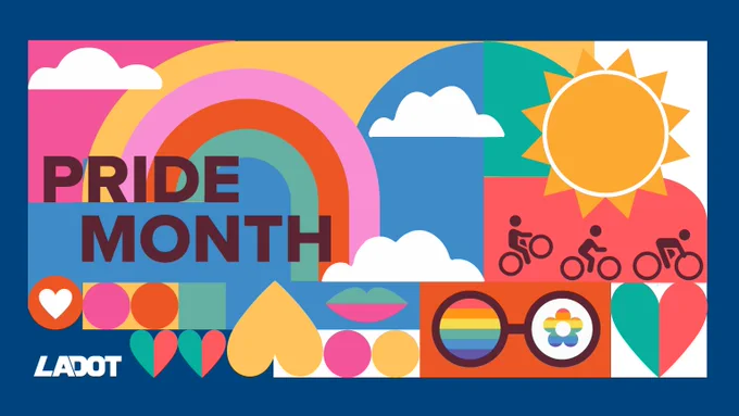Colorful graphic celebrating Pride Month with a rainbow arch, sun, clouds, and icons of cyclists and hearts in vibrant hues.