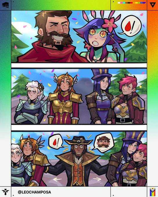 In this comic, Neeko realizes that Graves has a small cut over his left eye that is bleeding. Twisted Fate parts the crowd of champions around them and rushes to take care of Graves, sharing a heartwarming moment together.