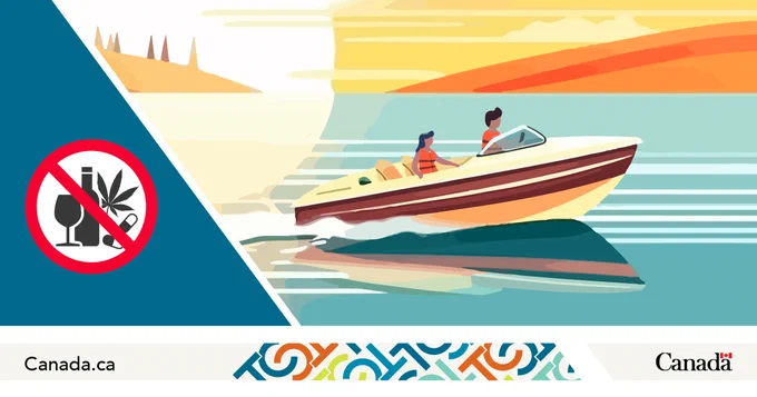 Cartoon of two people sailing on a boat with an alcohol and drug symbol striked out with a red prohibition sign. 