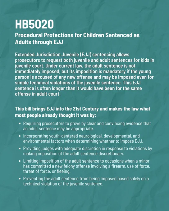 Blue-green graphic that reads, “HB5020: Procedural protections for children sentenced as adults through EJJ. Extended Jurisdiction Juvenile (EJJ) sentencing allows prosecutors to request both juvenile and adult sentences for kids in juvenile court. Under current law, the adult sentence is not immediately imposed, but its imposition is mandatory if the young person is accused of any new offense and may be imposed even for simple technical violations of the juvenile sentence. This EJJ sentence is often longer than it would have been for the same offense in adult court. This bill brings EJJ into the 21st Century and makes the law what most people already thought it was by:
•	Requiring prosecutors to prove by clear and convincing evidence that an adult sentence may be appropriate.
•	Incorporating youth-centered neurological, developmental, and environmental factors when determining whether to impose EJJ.
With two additional bullet points. 