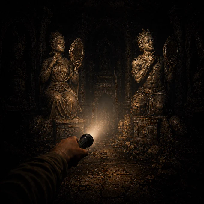 First-person view inside a dark, ancient temple. A hand holds a flashlight, shining into the room and revealing two large cracked stone idols: a clothed female statue on the left and a male statue on the right, both holding mirrors and admiring themselves. The scene symbolizes hidden self-worship, pride, and inner darkness being exposed by light.