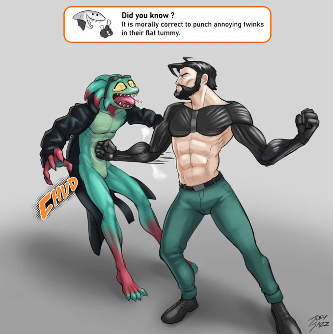Bearded human cyborg with pneumatic arms punching a green and red alien wearing a trenchcoat in the abdomen, making his whole body recoil