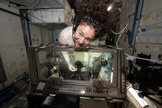 NASA astronaut Jessica Meir nourishes stem cell samples inside the Kibo laboratory module’s Life Science Glovebox to help researchers learn how to manufacture space‑designed therapies to treat cancer and blood disorders.
Credit: NASA/Chris Williams