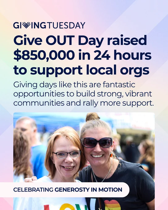 Give OUT Day raised $850,000 in 24 hours to support local organizations; two smiling people at a community event.