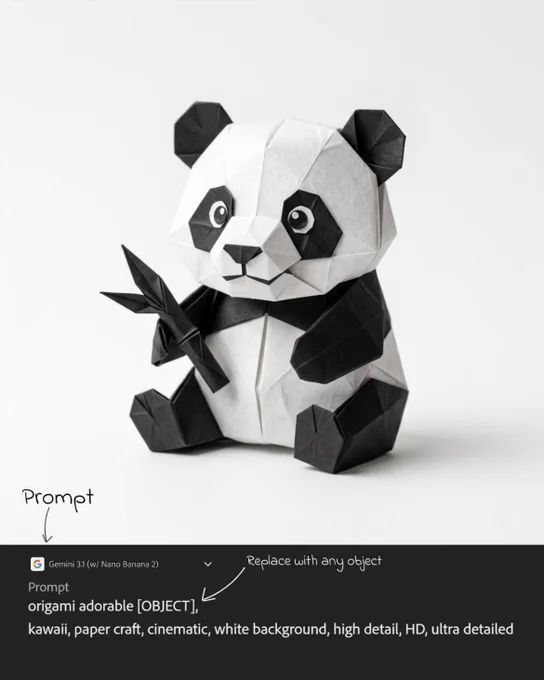 Origami panda with bamboo shoot, folded from white and black paper. The prompt at the bottom reads: origami adorable [OBJECT]@1, kawaii, paper craft, cinematic, white background, high detail, HD, ultra detailed