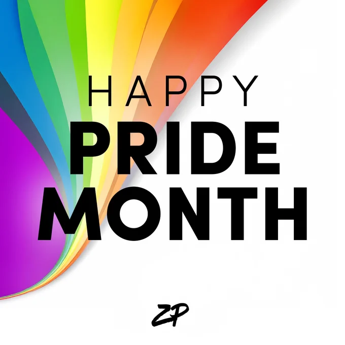 The left side of the graphic features a large, fanned-out rainbow. The centered bold black text reads “Happy Pride Month.” Below the text is the ZP logo in black over a white background. 