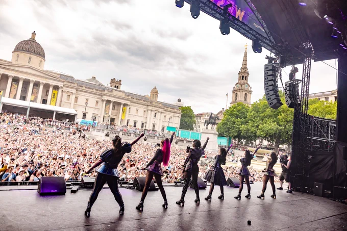 A photo showing the crowd as Six The Musical performs on stage at West End LIVE in Trafalgar Square. 