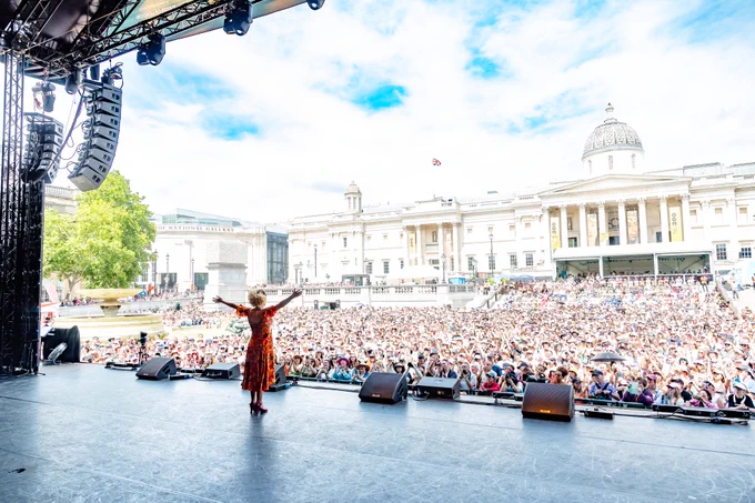 A photo showing the crowd as Rachel Tucker performs on stage at West End LIVE in Trafalgar Square. 