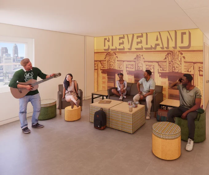 Rendering of the Fenn Tower community spaces with students interacting. 