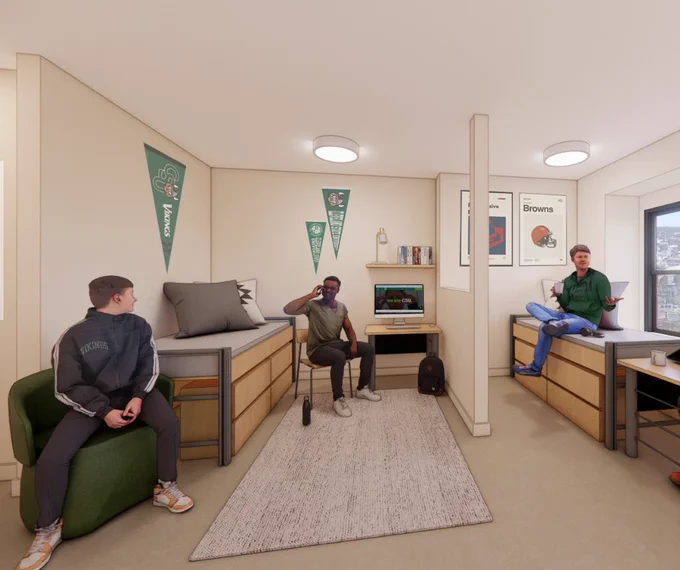 Rendering of the Fenn Tower resident rooms with the students interacting.