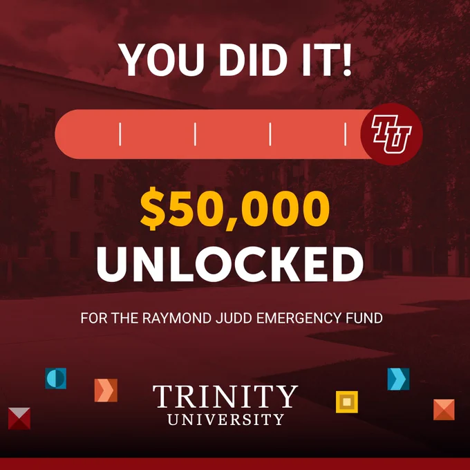 Graphic celebrating a fundraising milestone for Trinity University. Large text reads, “YOU DID IT!” above a progress bar filled to the end with a Trinity University “TU” logo. Bold gold and white text in the center states, “$50,000 UNLOCKED,” followed by “FOR THE RAYMOND JUDD EMERGENCY FUND.” The background shows a campus building and walkway with a red overlay. The Trinity University logo appears at the bottom, surrounded by colorful geometric shapes.