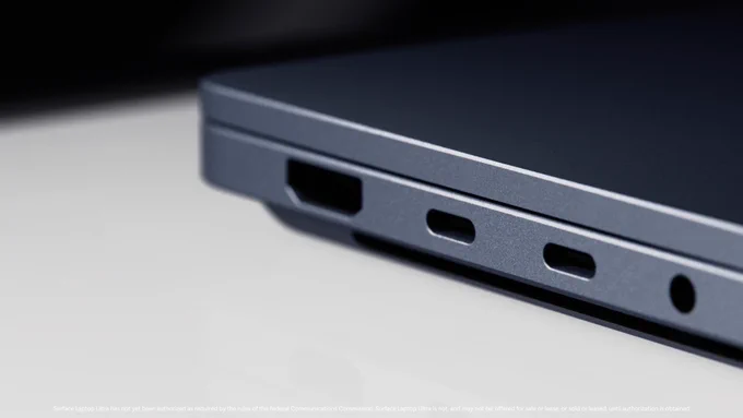Close-up view of the corner edge of a Surface Laptop Ultra, showing the device's ports