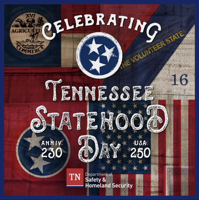 Patriotic graphic featuring Tennessee’s tri‑star emblem, state and U.S. flags, and text celebrating Tennessee Statehood Day.