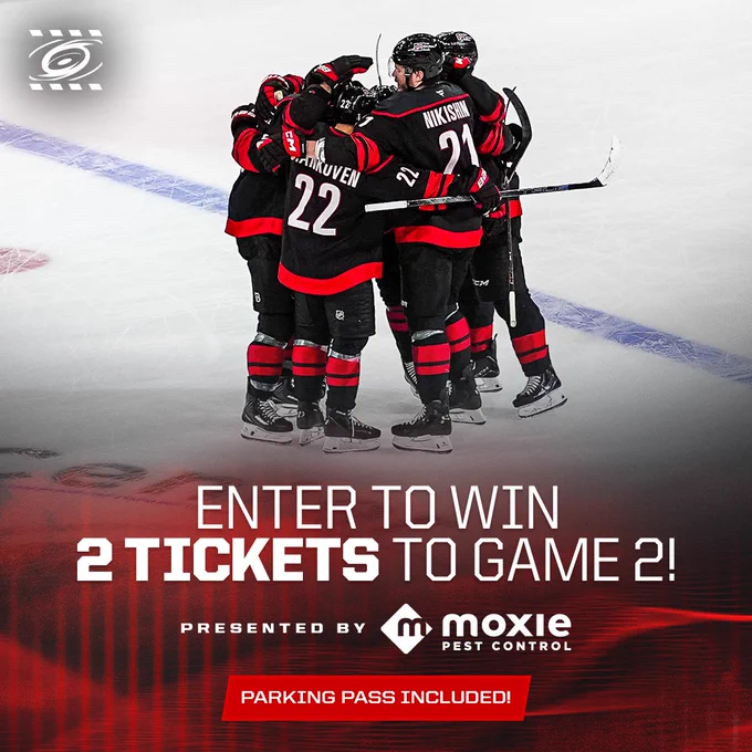 Graphic promoting an enter to win for 2 tickets and a parking pass to Game 2 presented by Moxie Pest Control