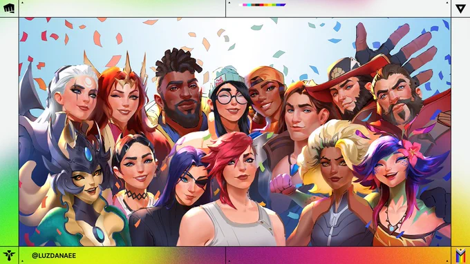 A rainbow border surrounds a piece of art credited to @Luzdanaee featuring a wide array of characters from both Runeterra and VALORANT, the majority of which are part of the LGBTQIA  community. Characters pictured from left to right. Top Row: Diana, Leona, K’Sante, Killjoy, Raze, Taric, Twisted Fate, Graves. Bottom Row: Nami, Clove, Caitlyn, Vi, Rell, Neeko.