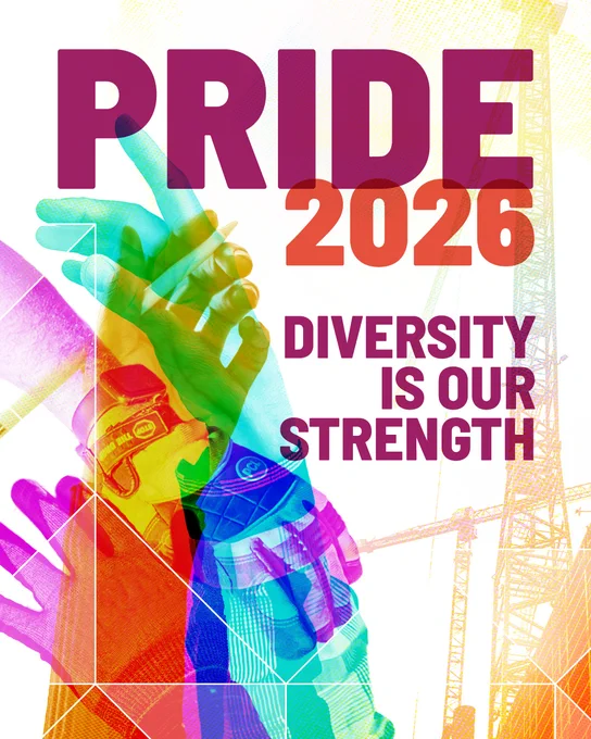 Graphic for Pride Month 2026 by PCL Construction featuring rainbow-colored construction gloves layered together in the shape of a raised hand against a white background with subtle construction crane illustrations. Bold text reads “PRIDE 2026” and “Diversity Is Our Strength,” highlighting PCL Construction’s commitment to inclusion, allyship and supporting LGBTQ  employees and communities.