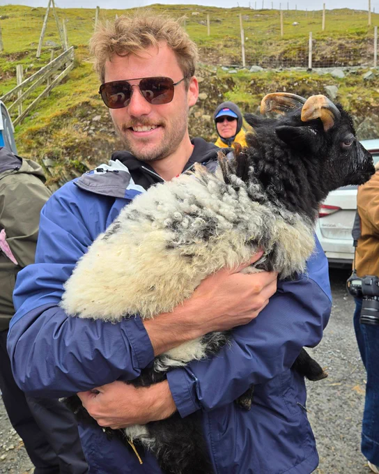 Person holding a sheep outdoors near a grassy hillside.