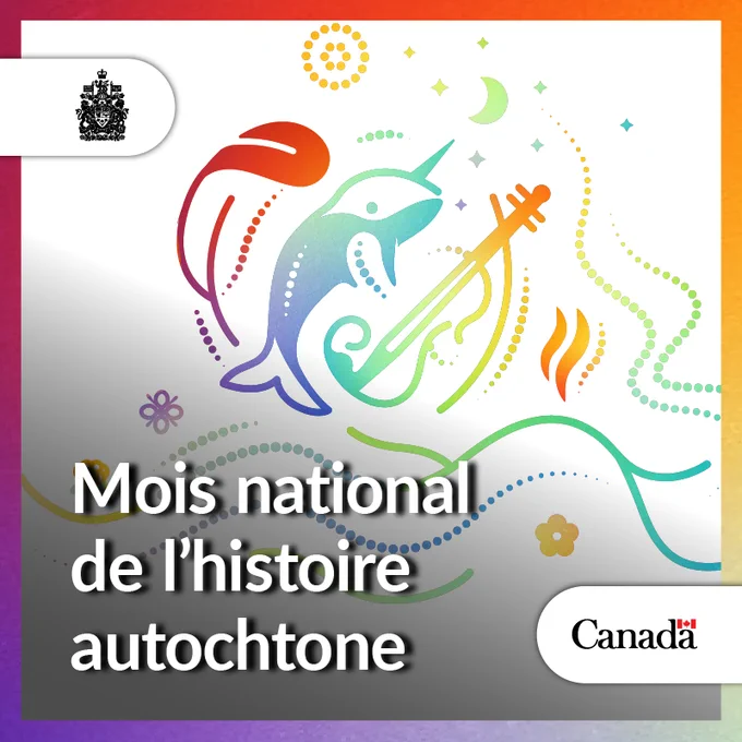 Une image où s’entremêlent des symboles représentant les Premières Nations, les Inuits et les Métis : une plume, un narval et un violon, rendus dans un dégradé aux couleurs de l’arc-en-ciel. Autour de ces symboles centraux se trouvent des éléments décoratifs illustrant d’autres aspects des cultures des Premières Nations, des Inuit et des Métis. Texte : Mois national de l’histoire autochtone.
