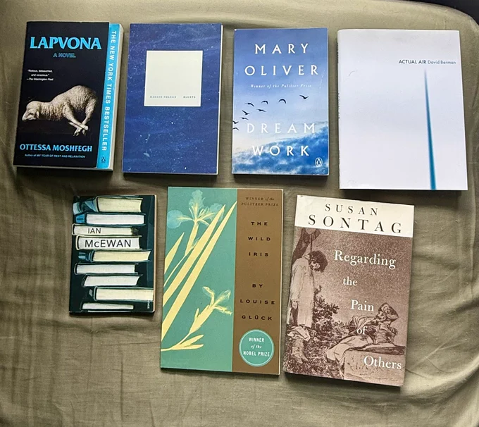 Pictured are 7 books (in order): Lapvona by Ottessa Moshfegh, Bluets by Maggie Nelson, Dream Work by Mary Oliver, Actual Air by David Berman, My Purple Scented Novel by Ian McEwan, The Wild Iris by Louise Gluck, and Regarding the Pain of Others by Susan Sontag.