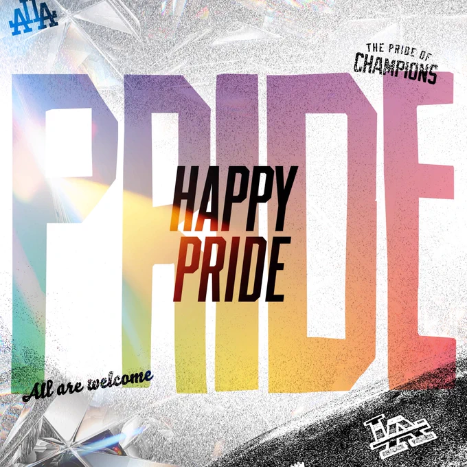 A graphic celebrating Pride Month that says “PRIDE” in big letters with “Happy Pride” in the center. On the top right corner, it says “The Pride of Champions” and on the bottom left it says, “All are welcome.”