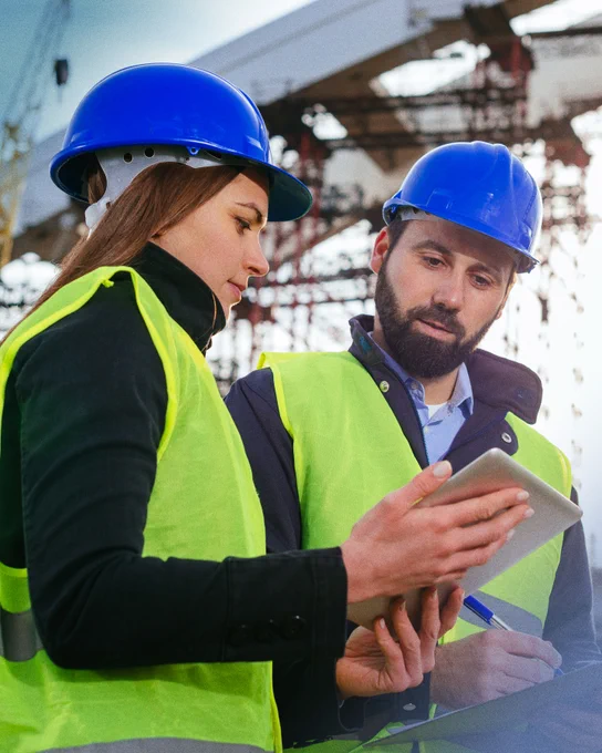 Alt text: Two construction professionals wearing blue hard hats and high-visibility safety vests review information on a tablet at a construction site. Steel framework is visible in the background as they collaborate on a project.