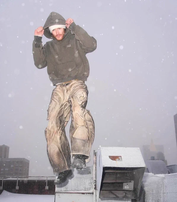 A person dressed in a hooded jacket and patterned pants stands on a snowy rooftop in an urban area. They are surrounded by falling snowflakes, with several buildings visible in the foggy distance.