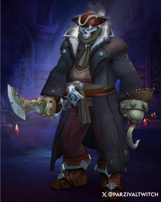 A male Kul\u2019Tiran in a dark trench coat stands imposingly. His right hand holds a sharp blade, his left hand is a hook. He\u2019s wearing a mask that resembles a skull that has smoke tendrils from the eye sockets, with a red tricorne hat. He has an olive-toned shirt, and a belt also has a skull on it. He\u2019s dressed in dark brown pants, and boots with metal accents on it. He\u2019s standing in a dark corridor\u2026 you don\u2019t want to go down this corridor. 