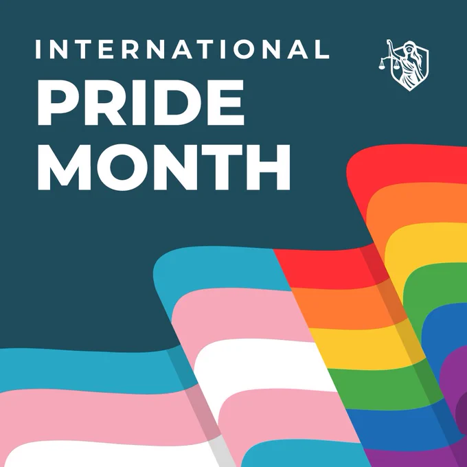 A graphic with the text "International Pride Month" in white on a dark background. Below, vibrant stripes in various colors represent LGBTQ  pride flags.