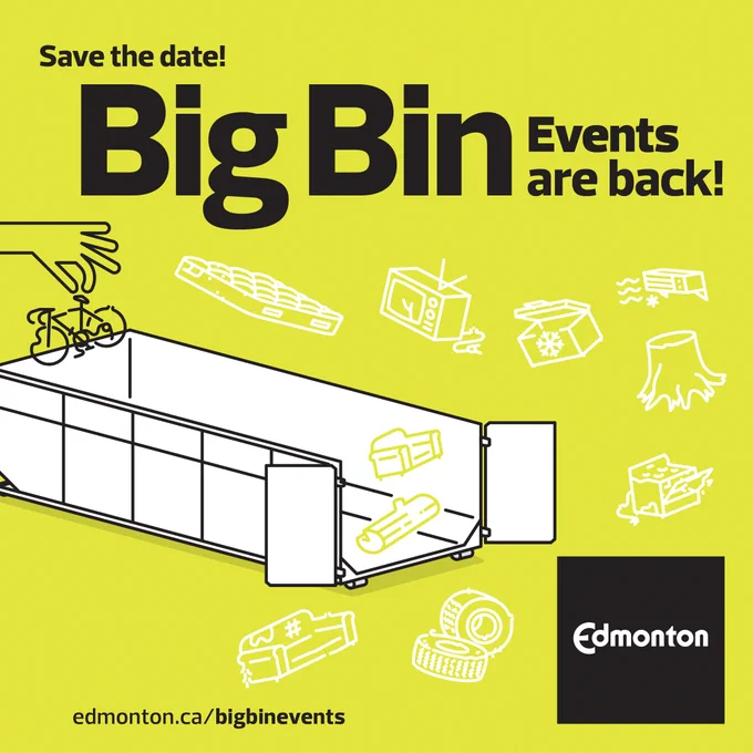 Waste being inserted into a big bin with a save the date for Big Bin Events.