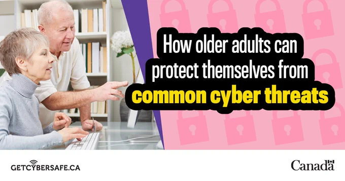 Two older adults looking at a computer screen together. Image text: How older adults can protect themselves from common cyber threats