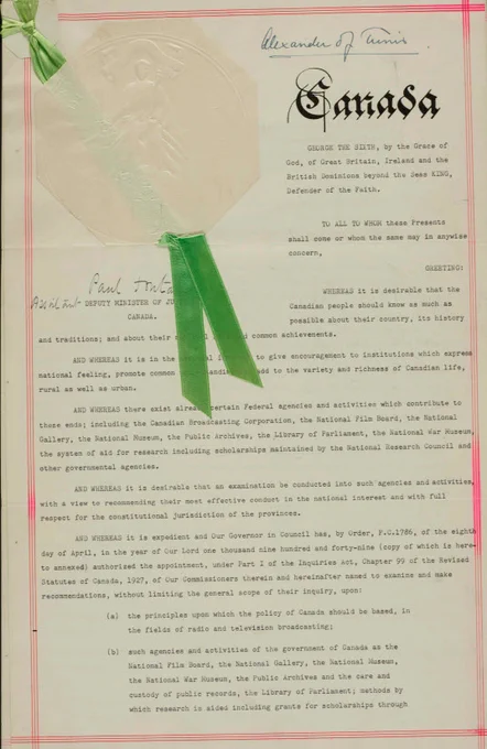 The Charter of the Royal Commission on National Development in the Arts, Letters, and Sciences.