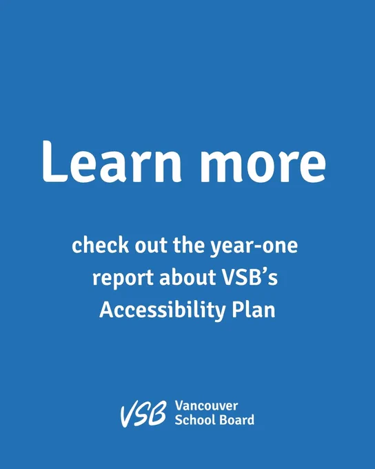 Blue background with white text inviting to learn more about VSB's Accessibility Plan year-one report.