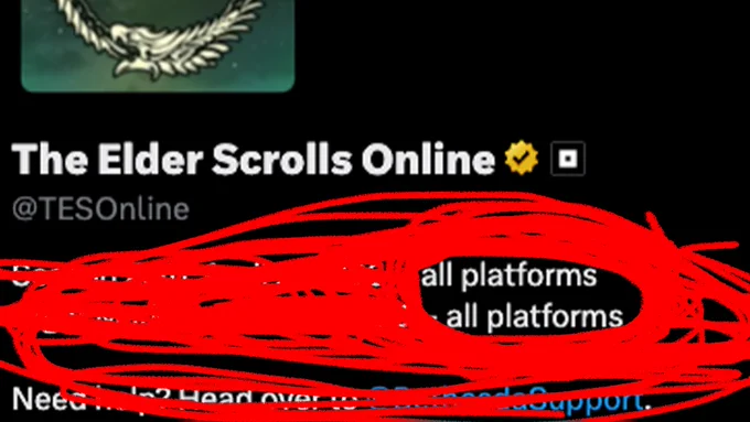 Screenshot of the @TESOnline bio with "all platforms" circled many times. 