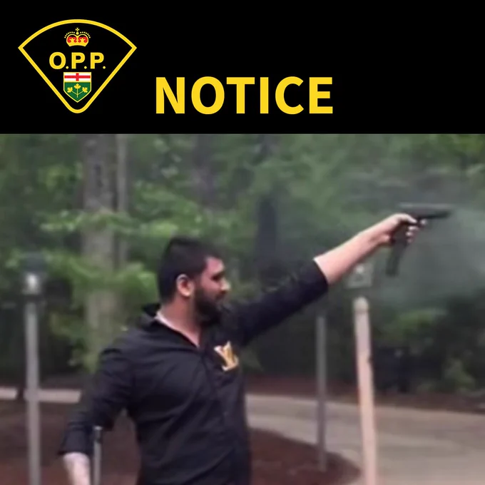 Ontario Provincial Police (OPP) notice graphic with the OPP crest and the word “NOTICE” at the top. Below, a still image shows an individual outdoors in a wooded area holding a long gun in one hand and pointing a handgun in the other.