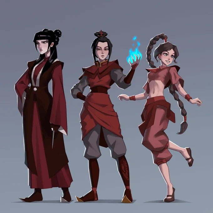 Full-body portraits of Mai, Azula, and Ty Lee from Avatar: The Last Airbender.